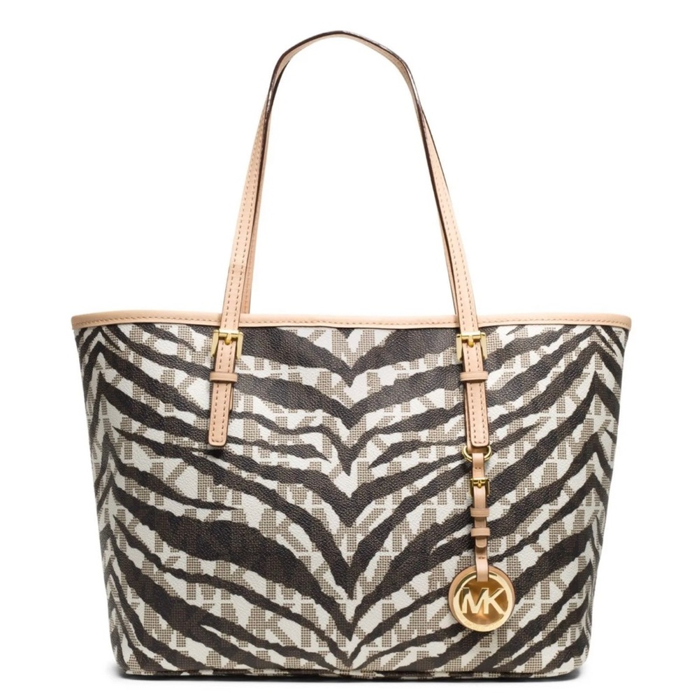 Michael Kors Medium Jet Set PVC with Tan Leather Trim Travel Tote Gold Metal